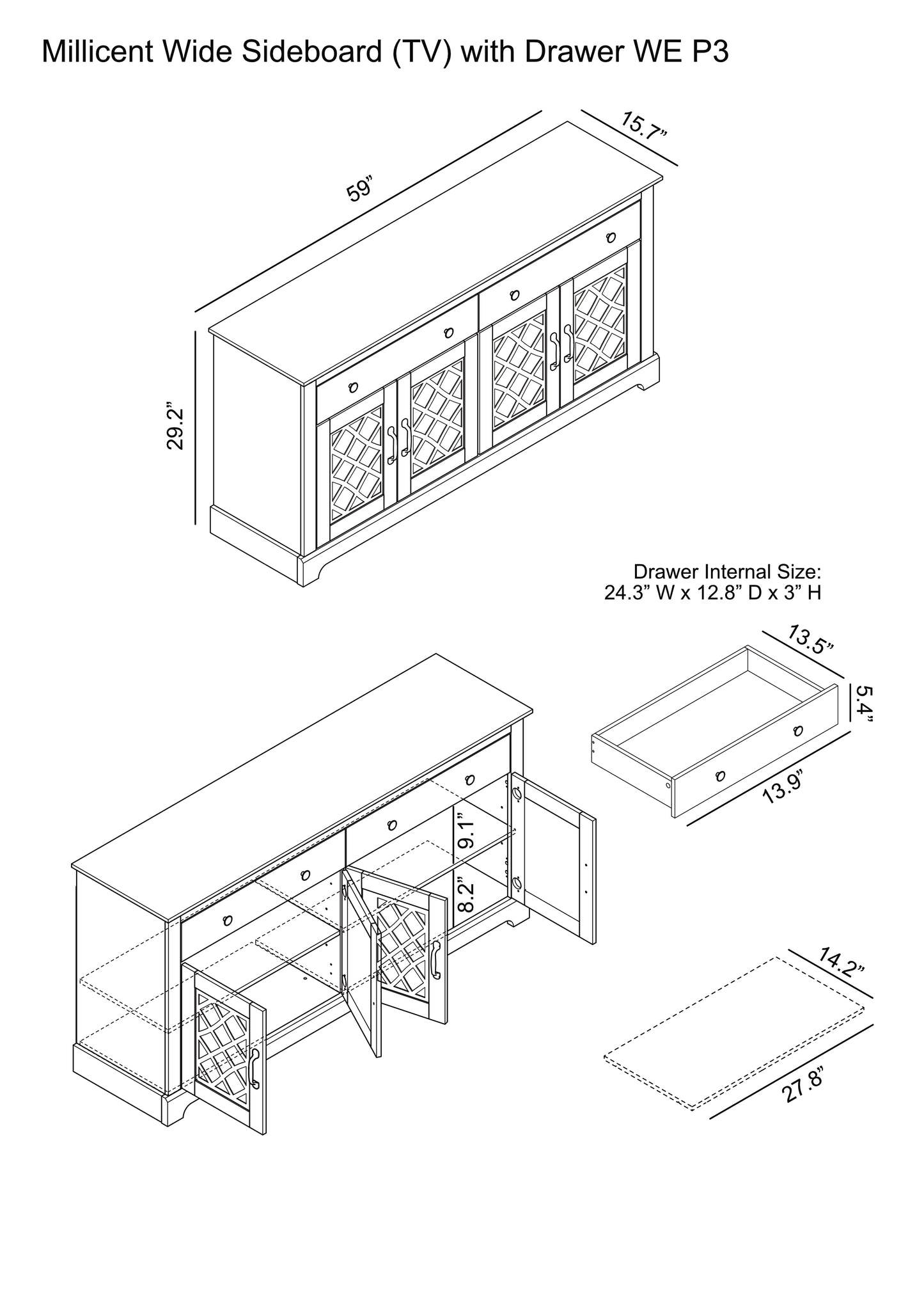 Galano 2-Drawer Sideboard with Mirrored Doors 58.7" W x 15.7" D x 29.2" H