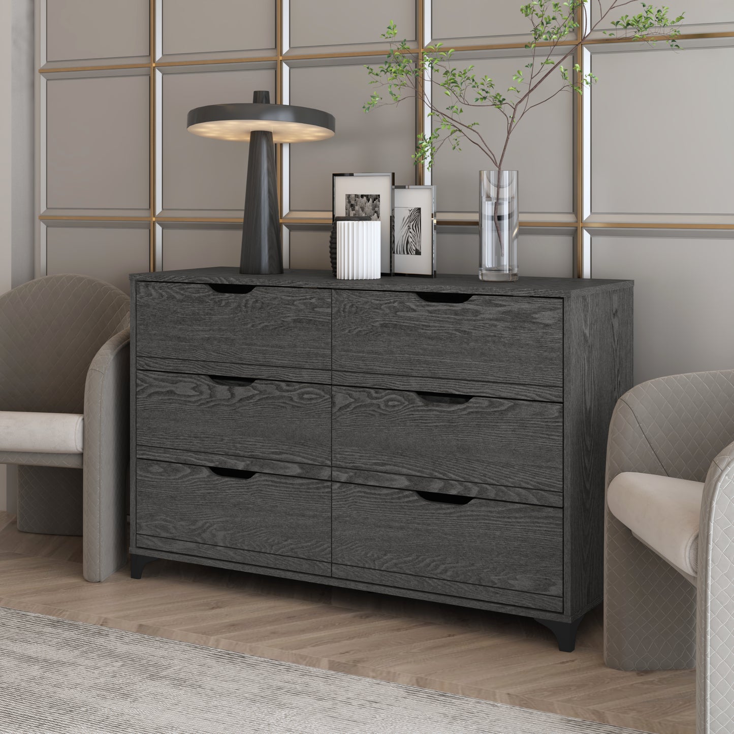 Galano Lilay 6 Drawer Dresser (Interlock) - Dark Grey Oak