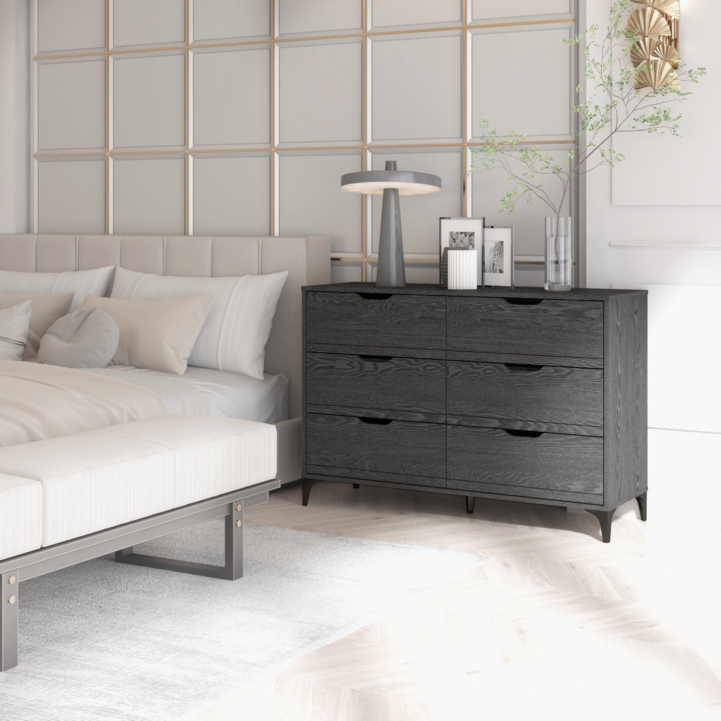 Galano Lilay 6 Drawer Dresser (Interlock) - Dark Grey Oak