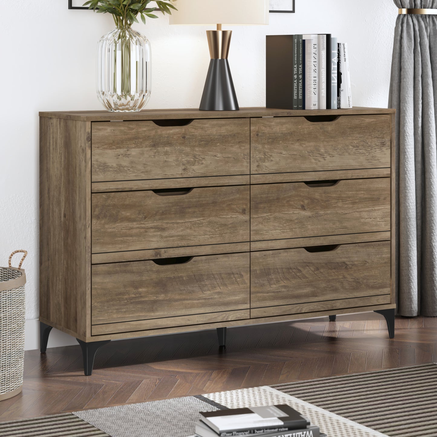 Galano Lilay 6 Drawer Dresser (Interlock) - Knotty Oak