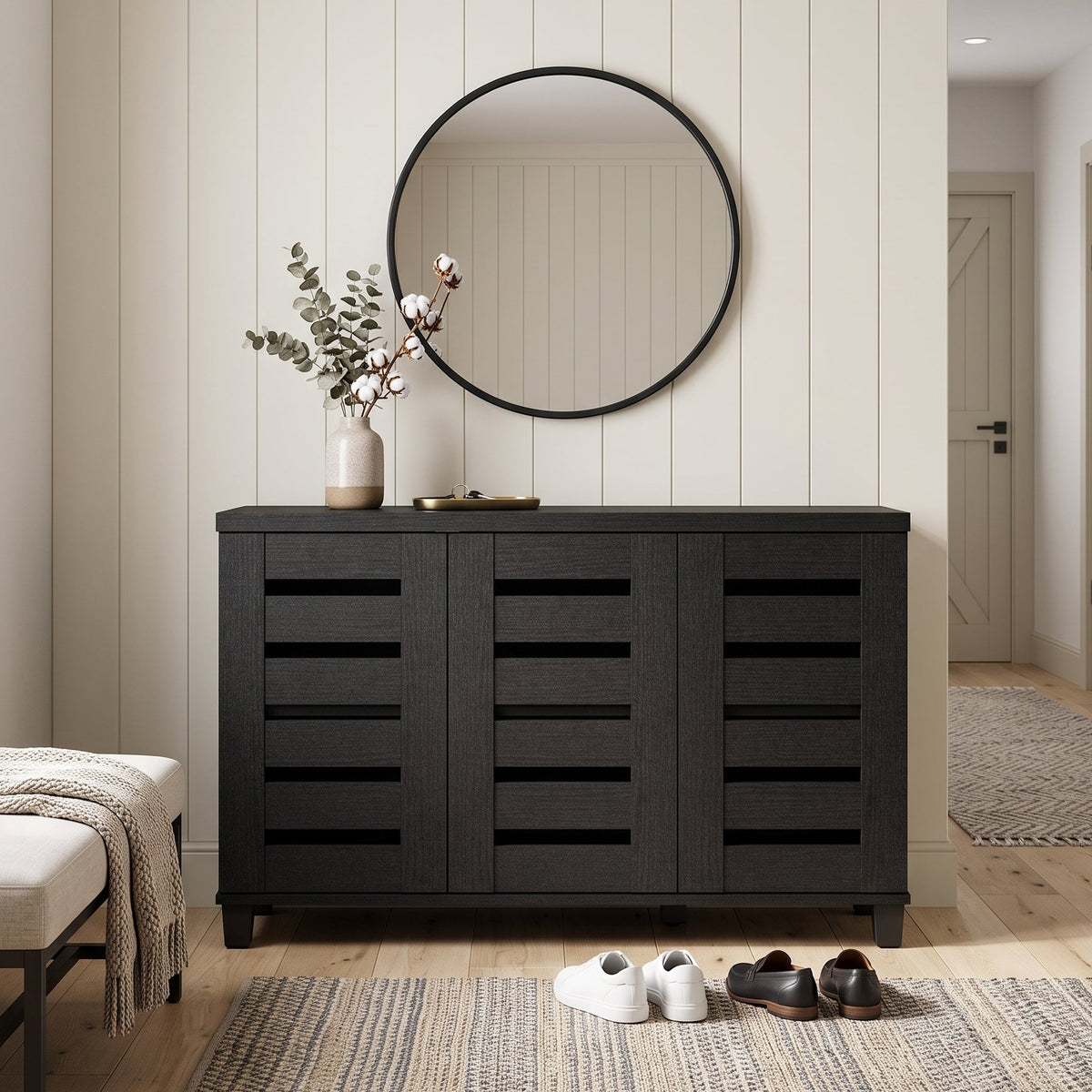 Galano 3-Door Shoe Storage Cabinet with Slatted Doors and 6 Adjustable Shelves, Holds Up to 16 Pairs