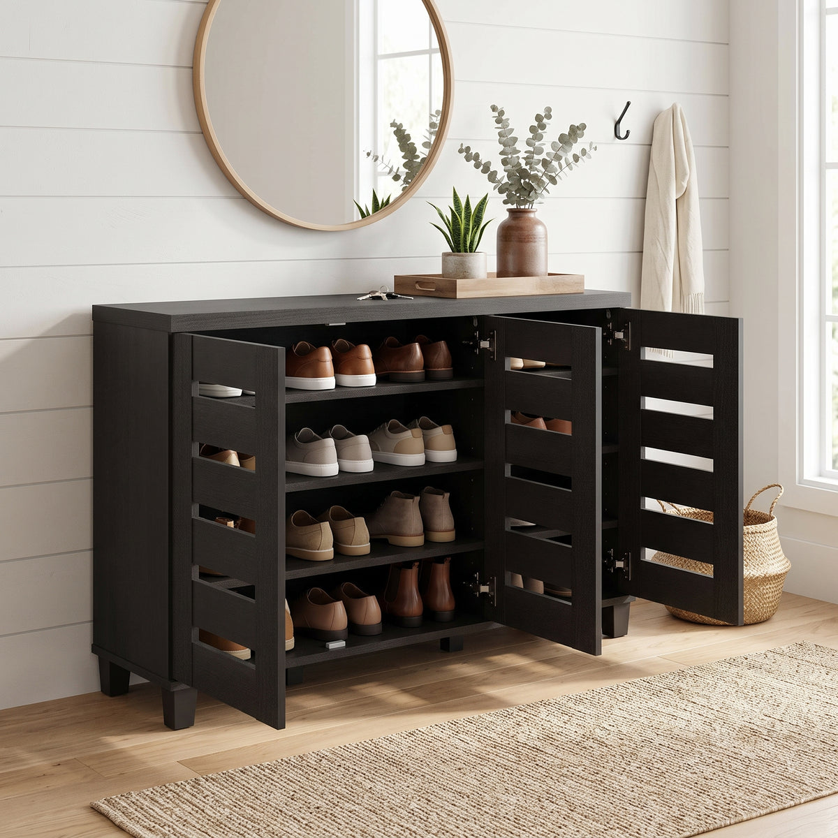 Galano 3-Door Shoe Storage Cabinet with Slatted Doors and 6 Adjustable Shelves, Holds Up to 16 Pairs