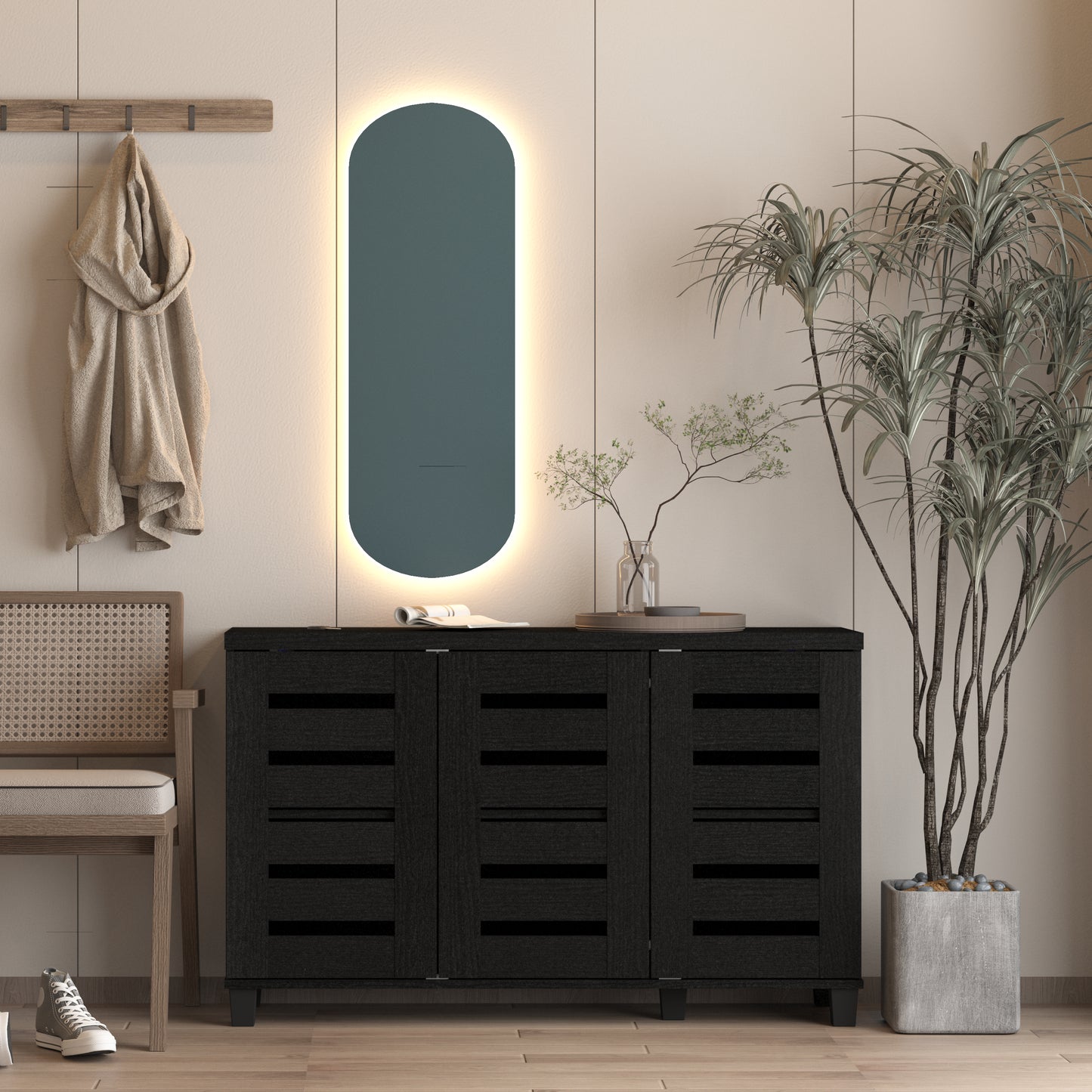 Galano 3-Door 16-Pair Shoe Storage Cabinet with Adjustable Shelves in Black Oak 45.3" W × 13" D × 28" H