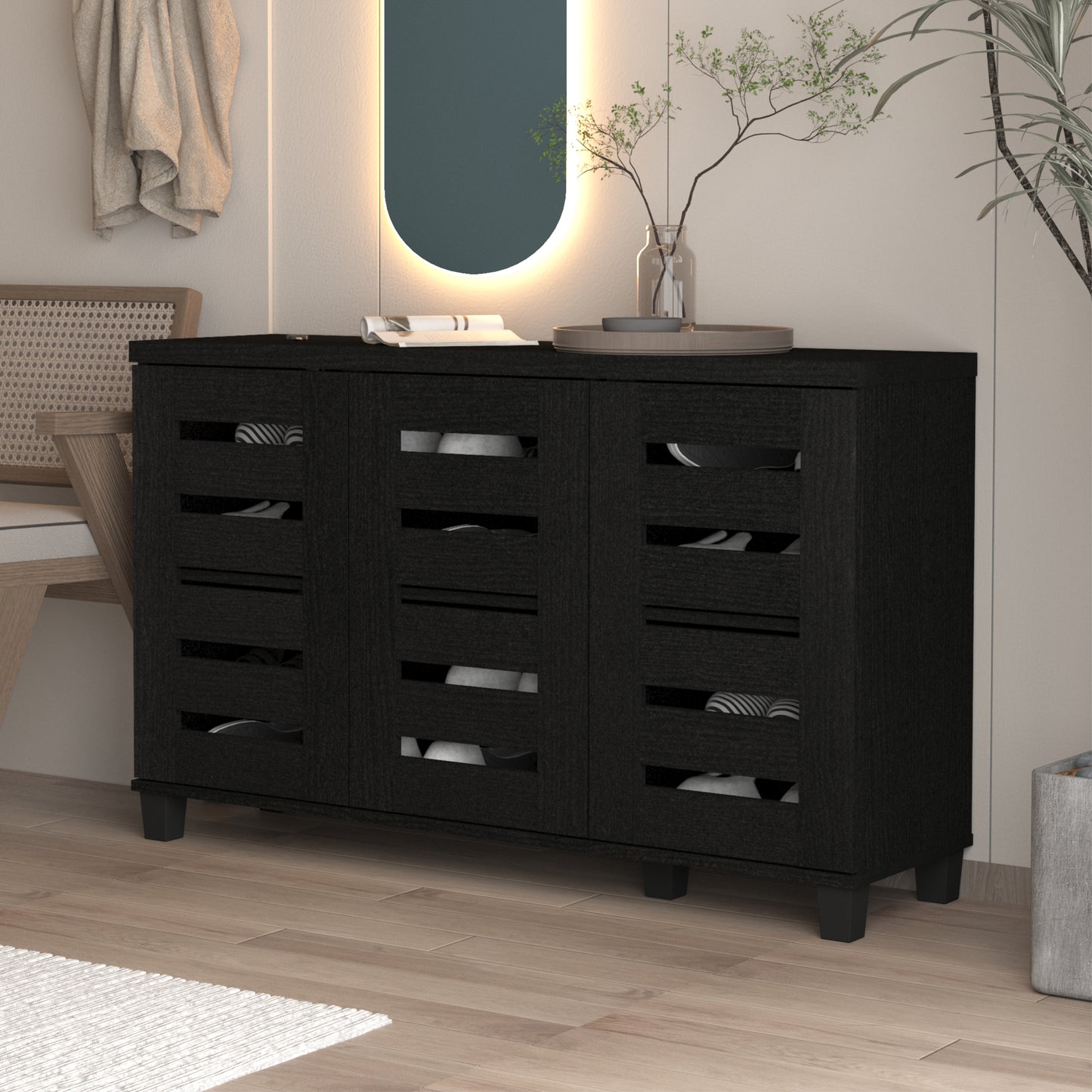 Galano 3-Door 16-Pair Shoe Storage Cabinet with Adjustable Shelves in Black Oak 45.3" W × 13" D × 28" H