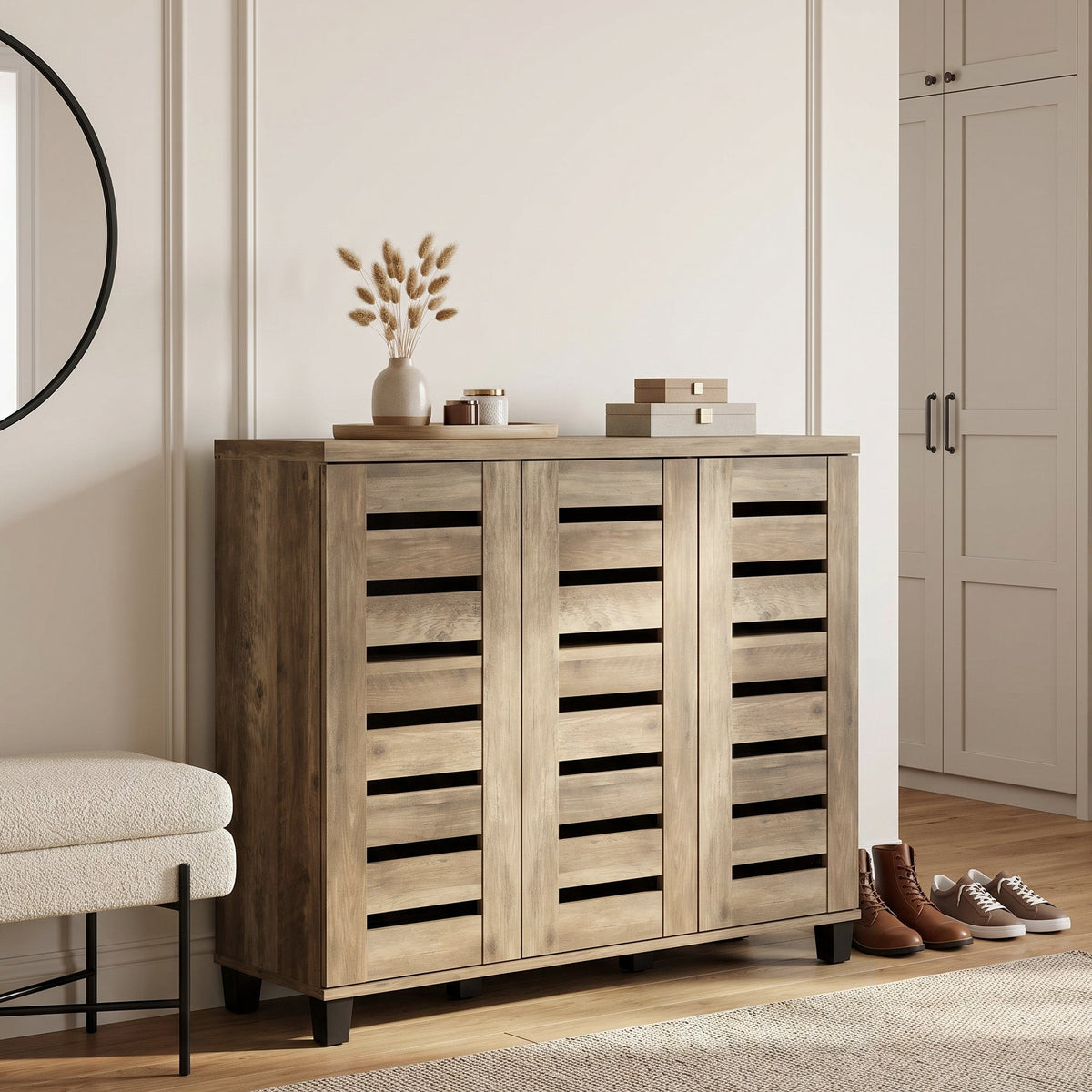Galano 3-Door Shoe Storage Cabinet with Slatted Doors and 8 Adjustable Shelves, Holds Up to 20 Pairs