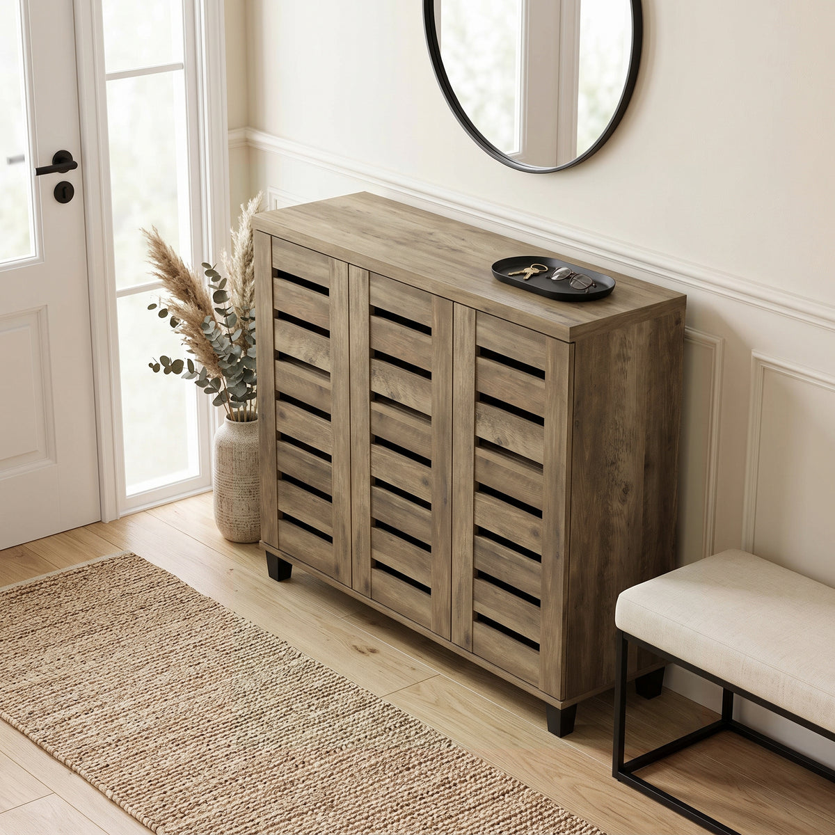 Galano 3-Door Shoe Storage Cabinet with Slatted Doors and 8 Adjustable Shelves, Holds Up to 20 Pairs