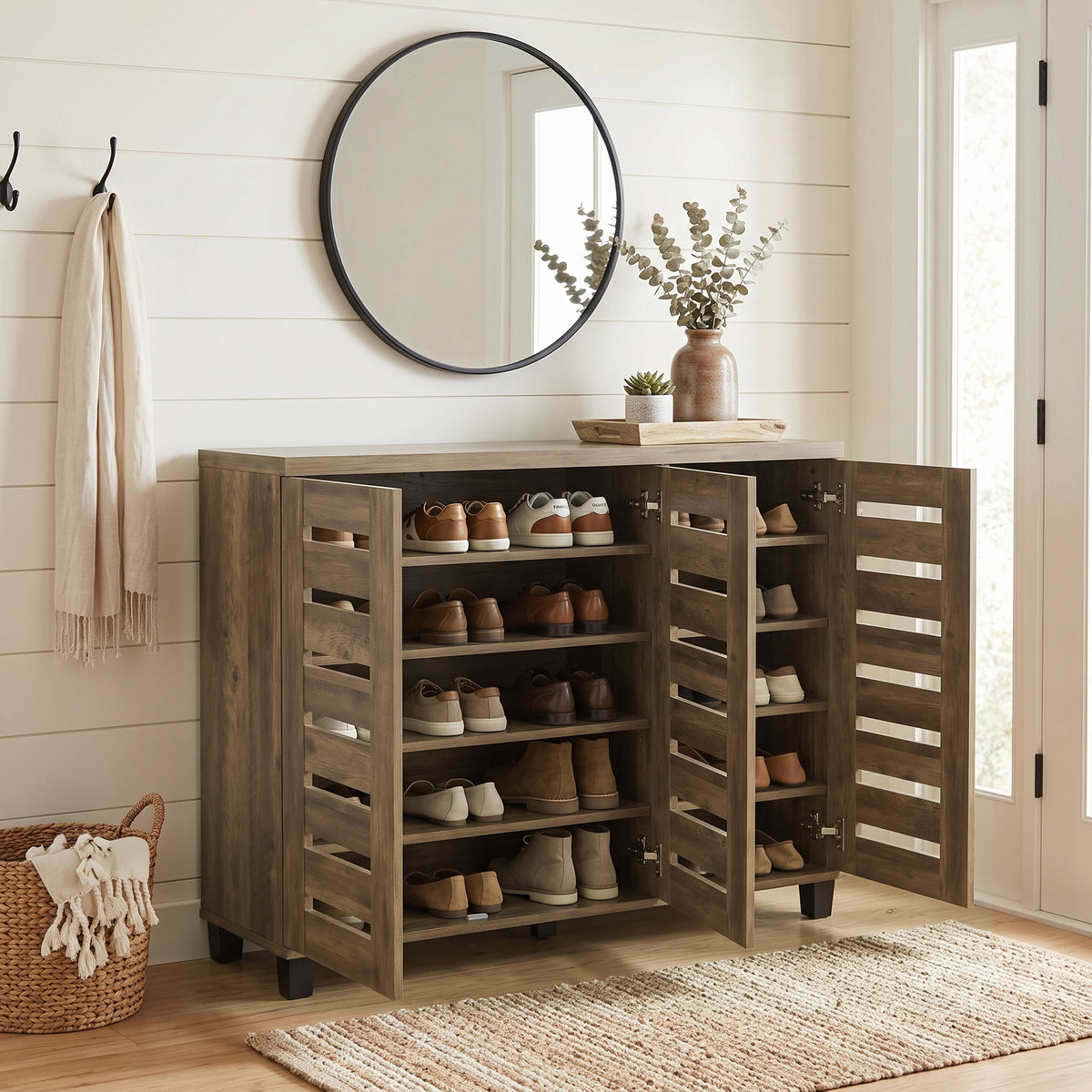 Galano 3-Door Shoe Storage Cabinet with Slatted Doors and 8 Adjustable Shelves, Holds Up to 20 Pairs