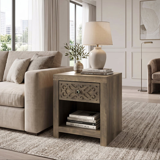 Galano 20.3" H Modern 1 Drawer Nightstand Bedside Table with Cutout Front and Open Shelf