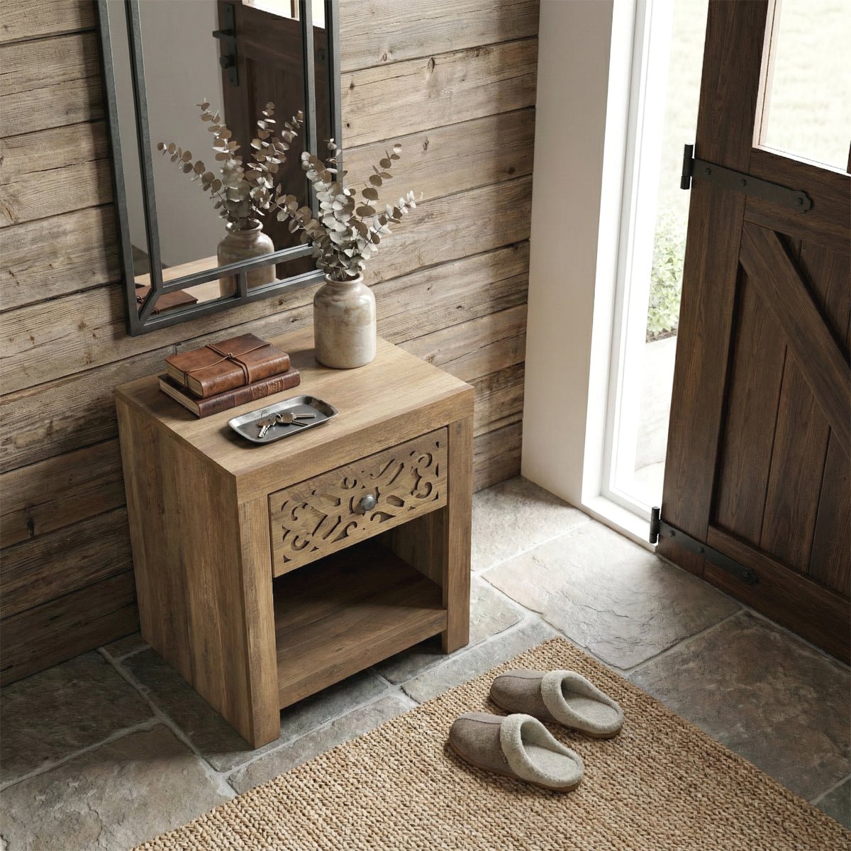 Galano 20.3" H Modern 1 Drawer Nightstand Bedside Table with Cutout Front and Open Shelf