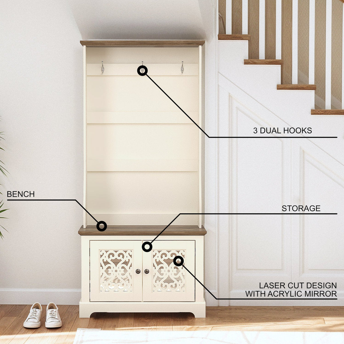 Galano 31.3" W Entryway Hall Tree with Bench, Adjustable Shoe Storage and Coat Hooks