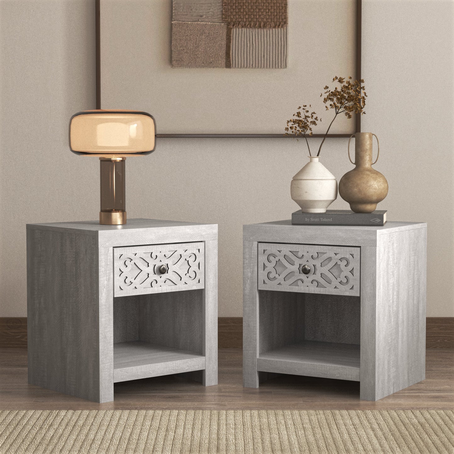 Galano 20.3" H Modern 1 Drawer Nightstand Bedside Table with Cutout Front and Open Shelf