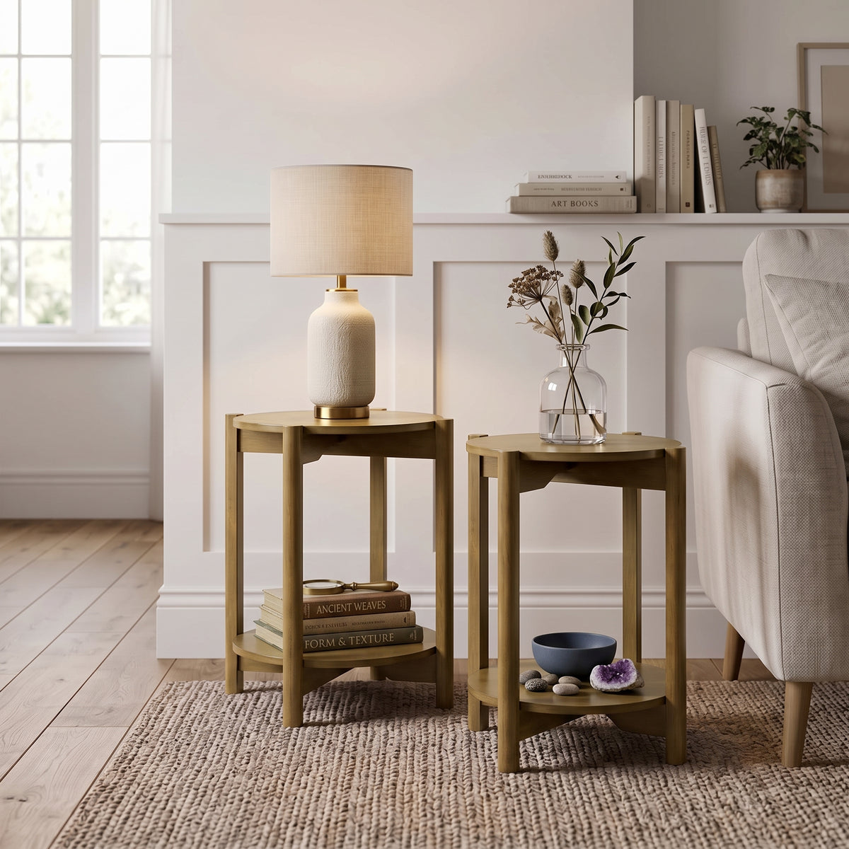 Galano Solid Wood Round End Table with Storage Shelf, 2-Tier Side Table for Small Spaces - Antique Oak