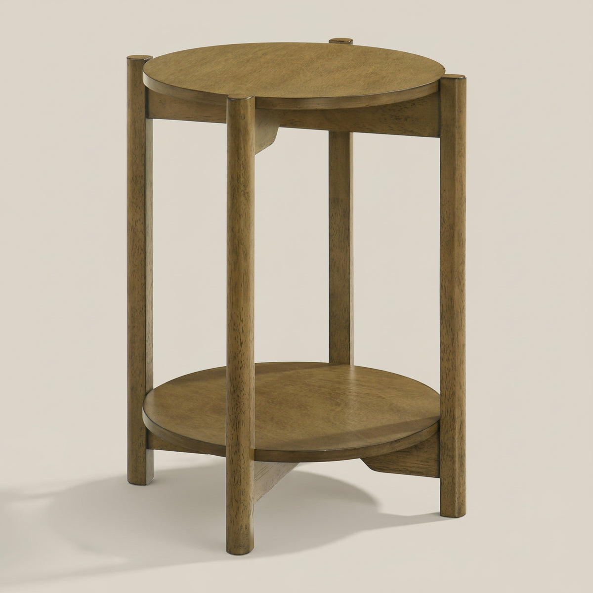 Galano Solid Wood Round End Table with Storage Shelf, 2-Tier Side Table for Small Spaces - Antique Oak