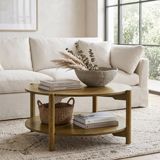 GALANO Mid-Century Solid Wood Round Coffee Table With Shelf