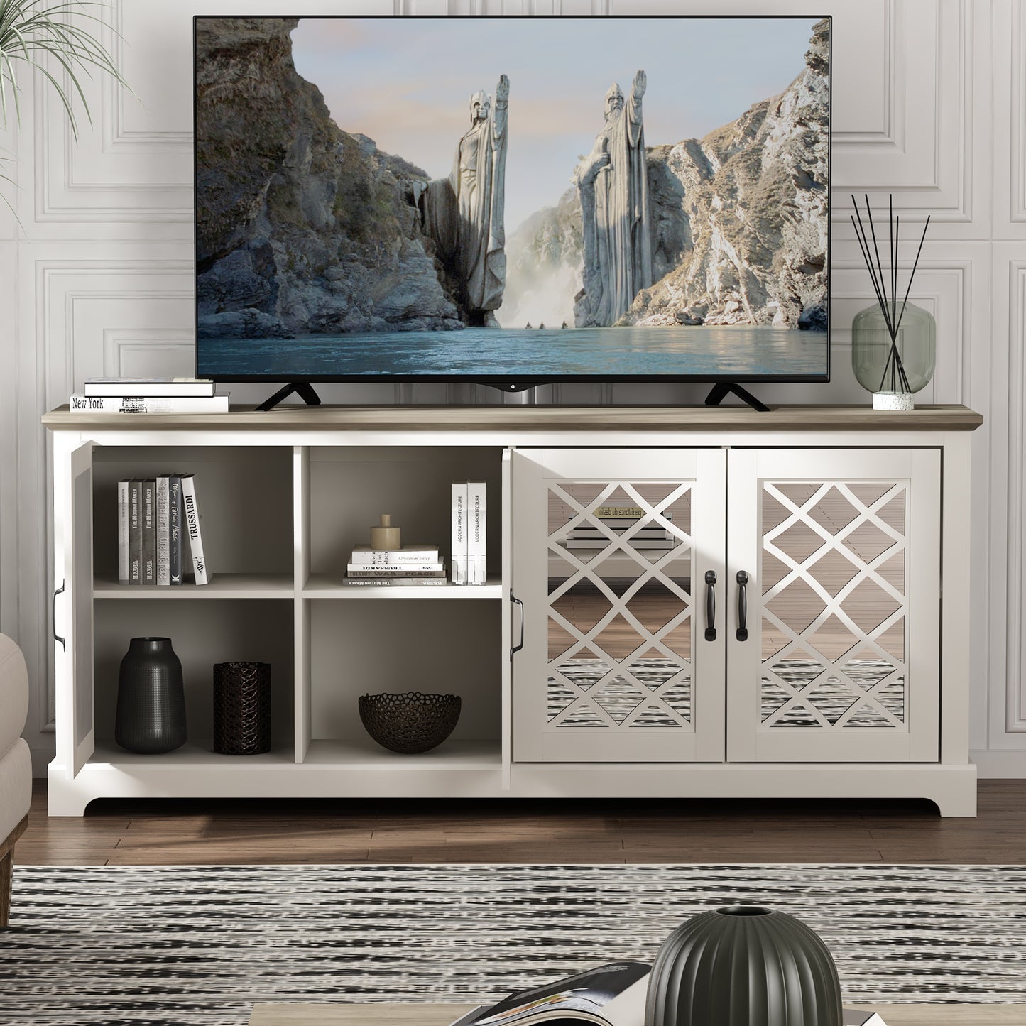 Galano Mirrored 4-Door TV Stand with Concealed Storage 68.2" W × 17.2" D × 29.3" H