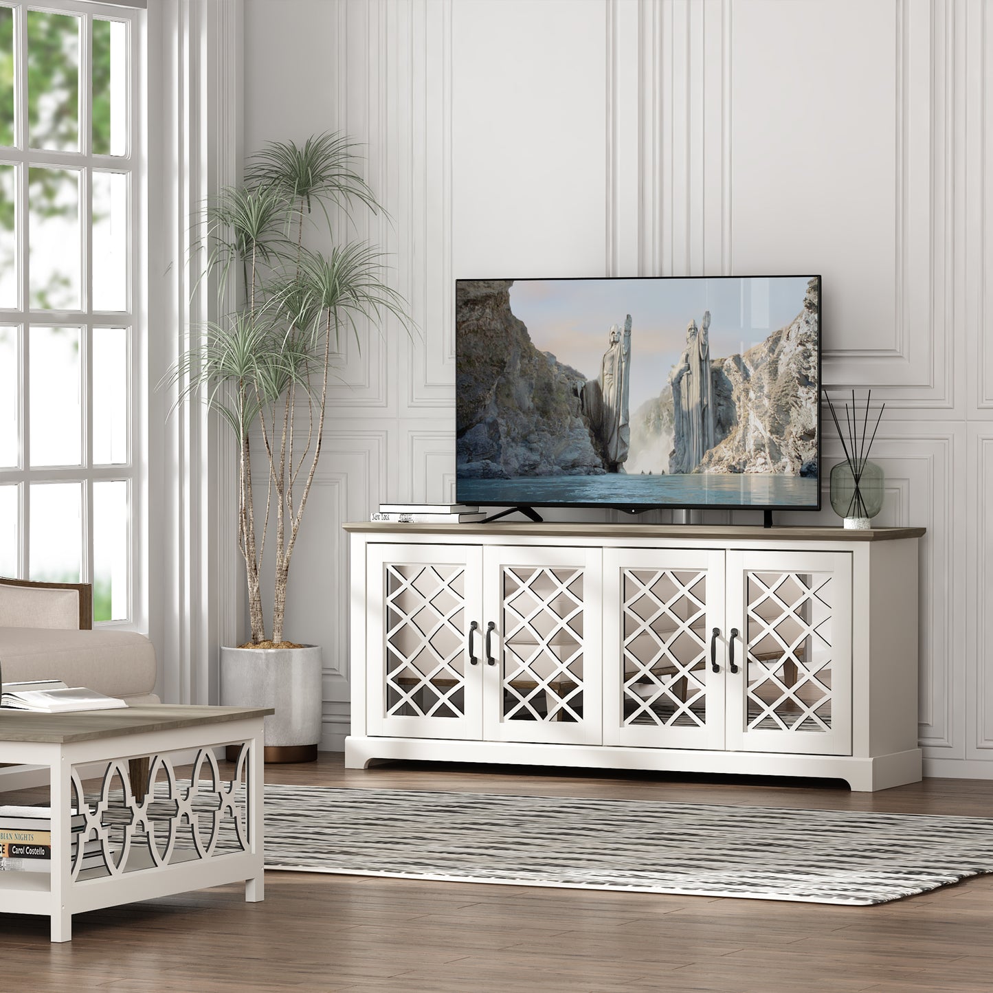 Galano Mirrored 4-Door TV Stand with Concealed Storage 68.2" W × 17.2" D × 29.3" H