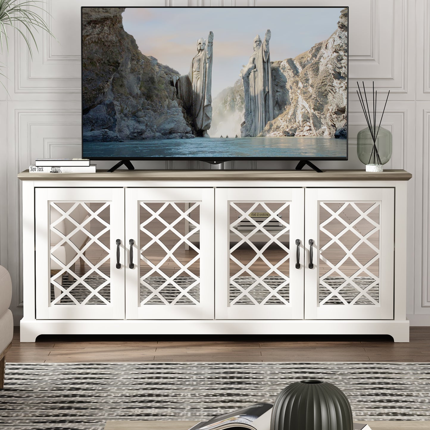 Galano Mirrored 4-Door TV Stand with Concealed Storage 68.2" W × 17.2" D × 29.3" H