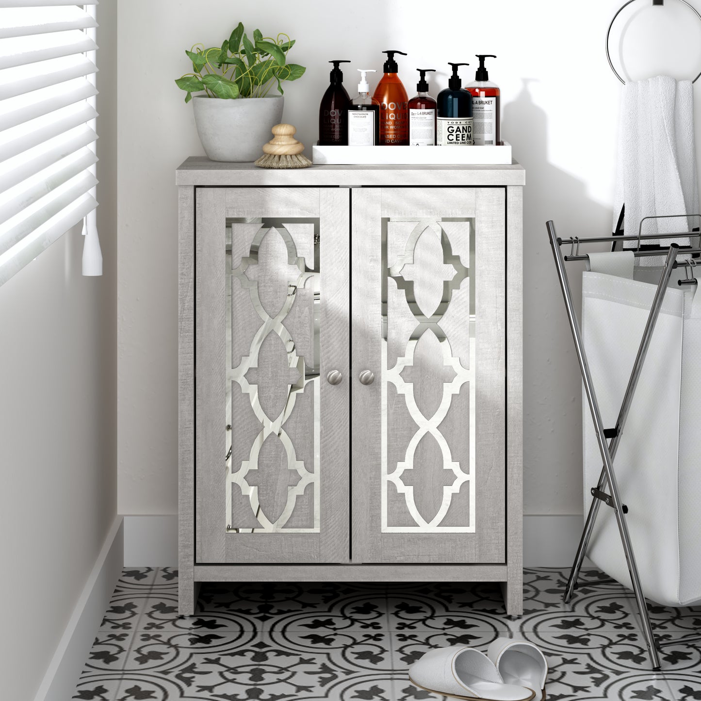 Galano Freestanding Bathroom Cabinet with Mirrored Doors in Dusty Gray Oak 25" W × 11.7" D × 32" H