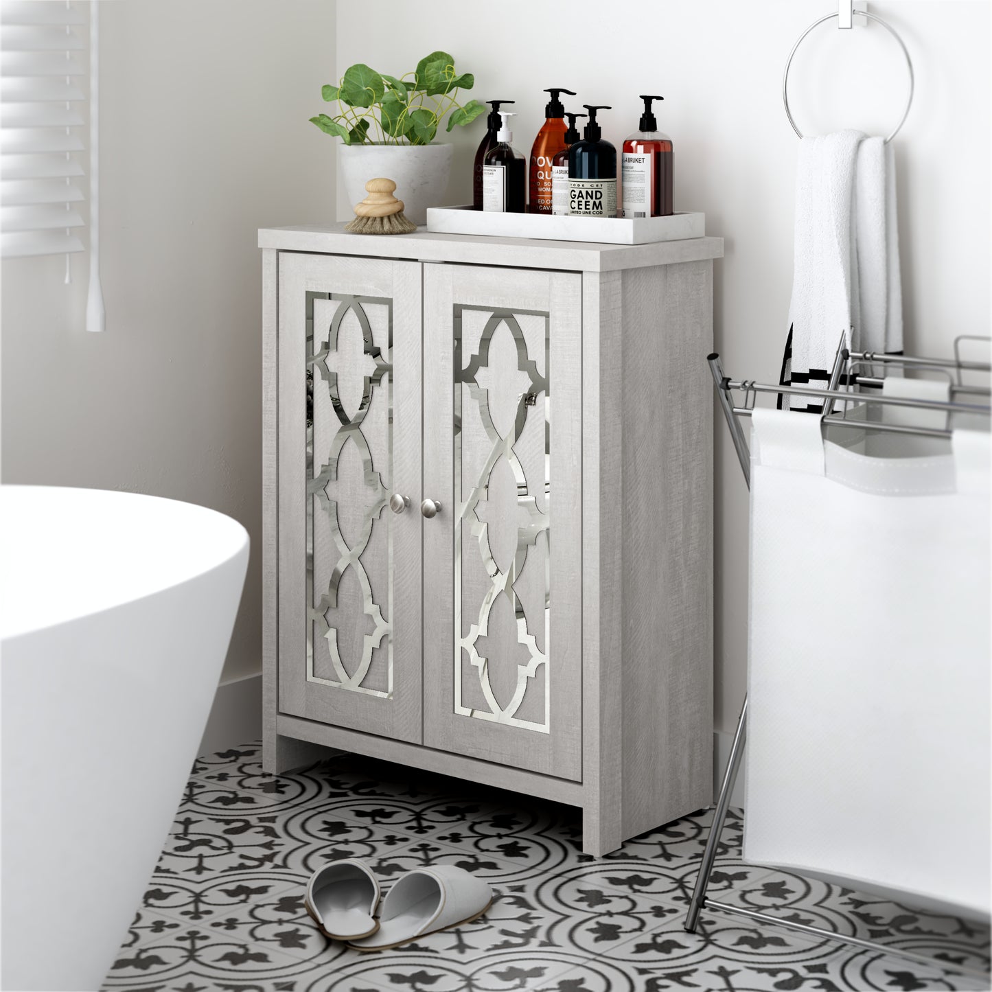 Galano Freestanding Bathroom Cabinet with Mirrored Doors in Dusty Gray Oak 25" W × 11.7" D × 32" H