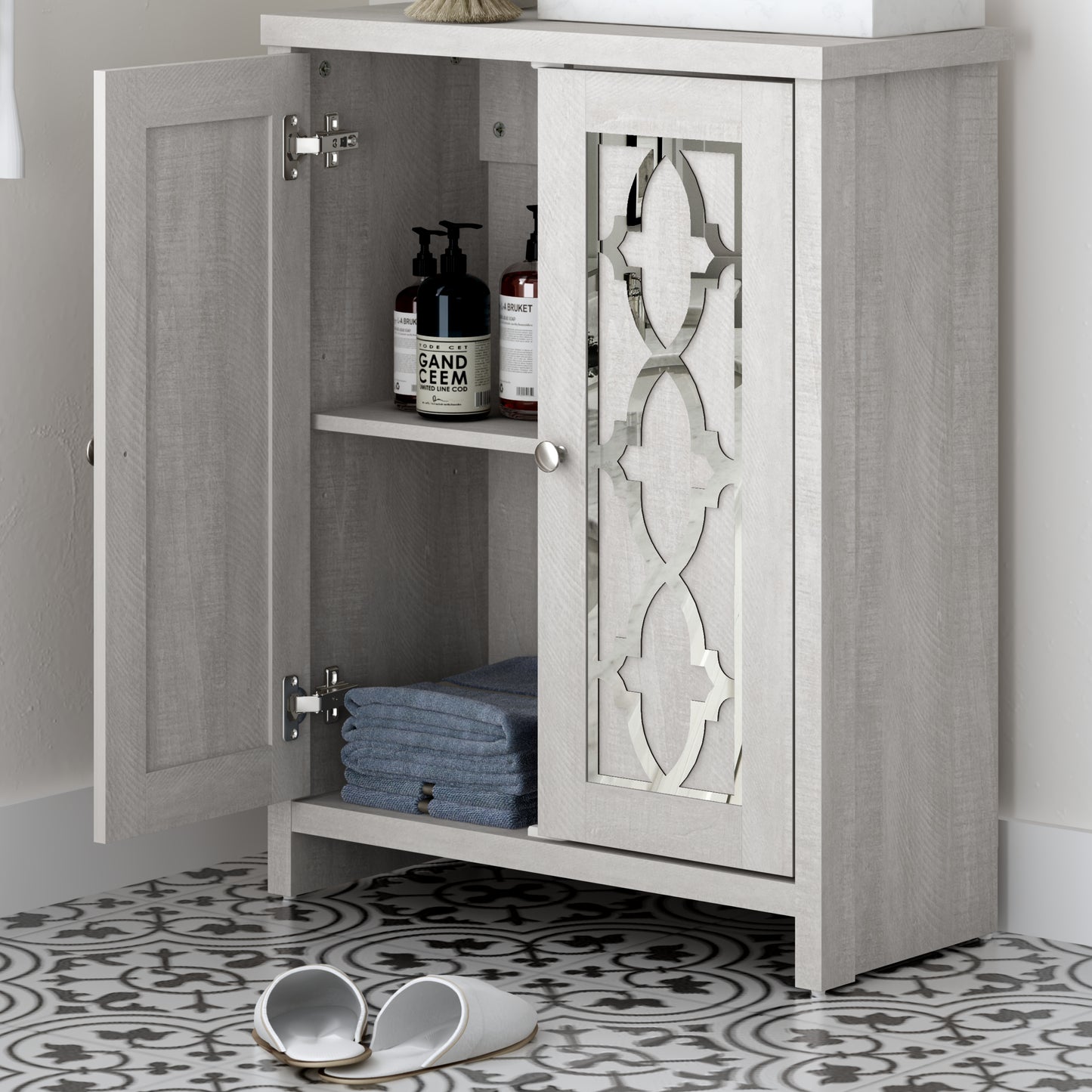 Galano Freestanding Bathroom Cabinet with Mirrored Doors in Dusty Gray Oak 25" W × 11.7" D × 32" H