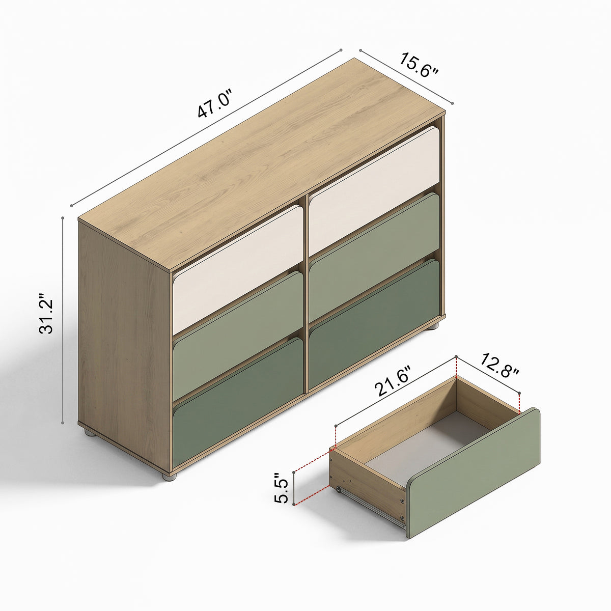 Galano 47" Wide Kids 6 Drawer Double Dresser with Interlocking Drawers and Rounded Color Block Fronts