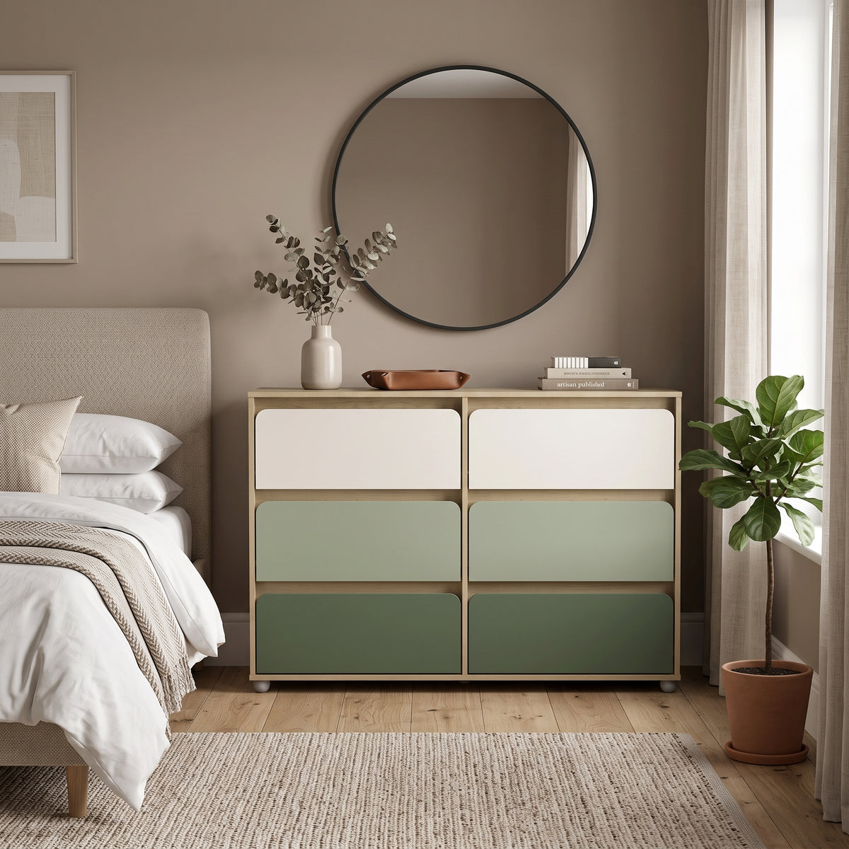 Galano 47" Wide Kids 6 Drawer Double Dresser with Interlocking Drawers and Rounded Color Block Fronts