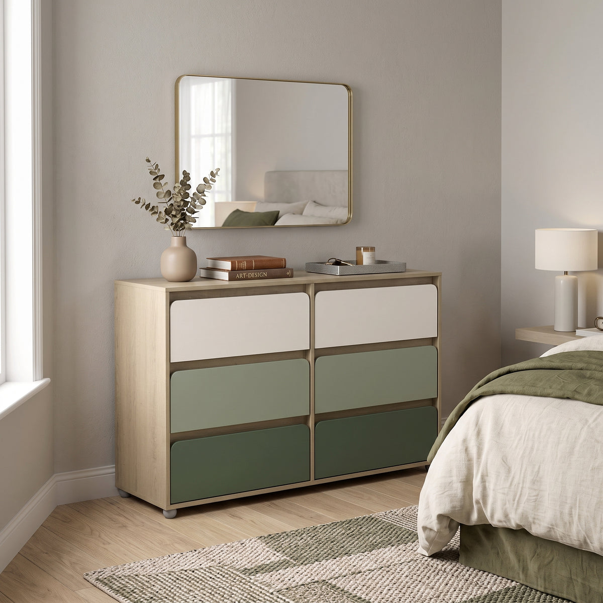 Galano 47" Wide Kids 6 Drawer Double Dresser with Interlocking Drawers and Rounded Color Block Fronts