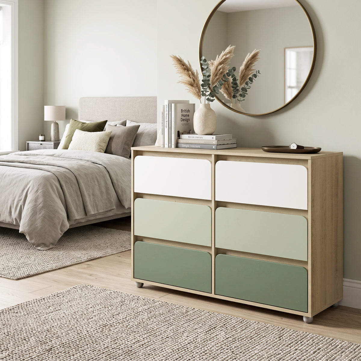 Galano 47" Wide Kids 6 Drawer Double Dresser with Interlocking Drawers and Rounded Color Block Fronts