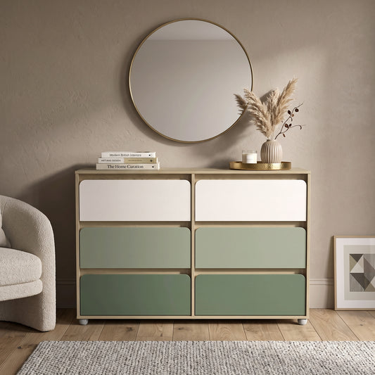 Galano 47" Wide Kids 6 Drawer Double Dresser with Interlocking Drawers and Rounded Color Block Fronts