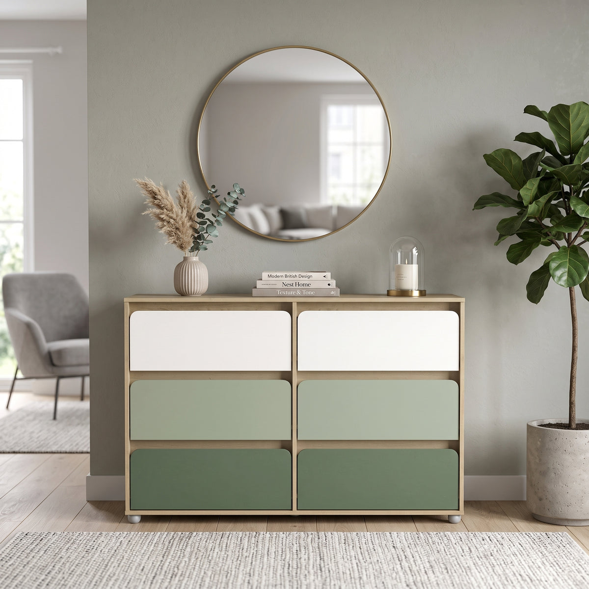 Galano 47" Wide Kids 6 Drawer Double Dresser with Interlocking Drawers and Rounded Color Block Fronts