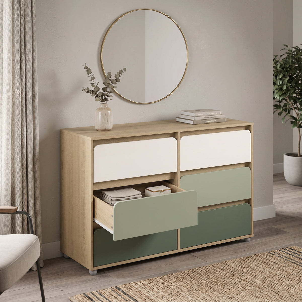 Galano 47" Wide Kids 6 Drawer Double Dresser with Interlocking Drawers and Rounded Color Block Fronts
