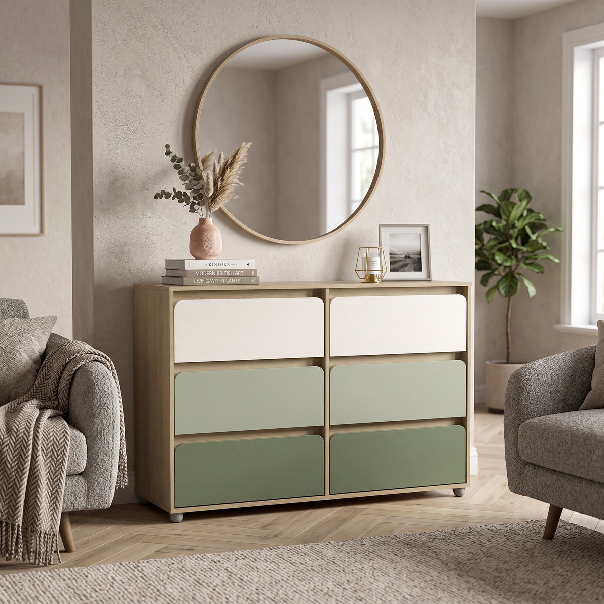 Galano 47" Wide Kids 6 Drawer Double Dresser with Interlocking Drawers and Rounded Color Block Fronts