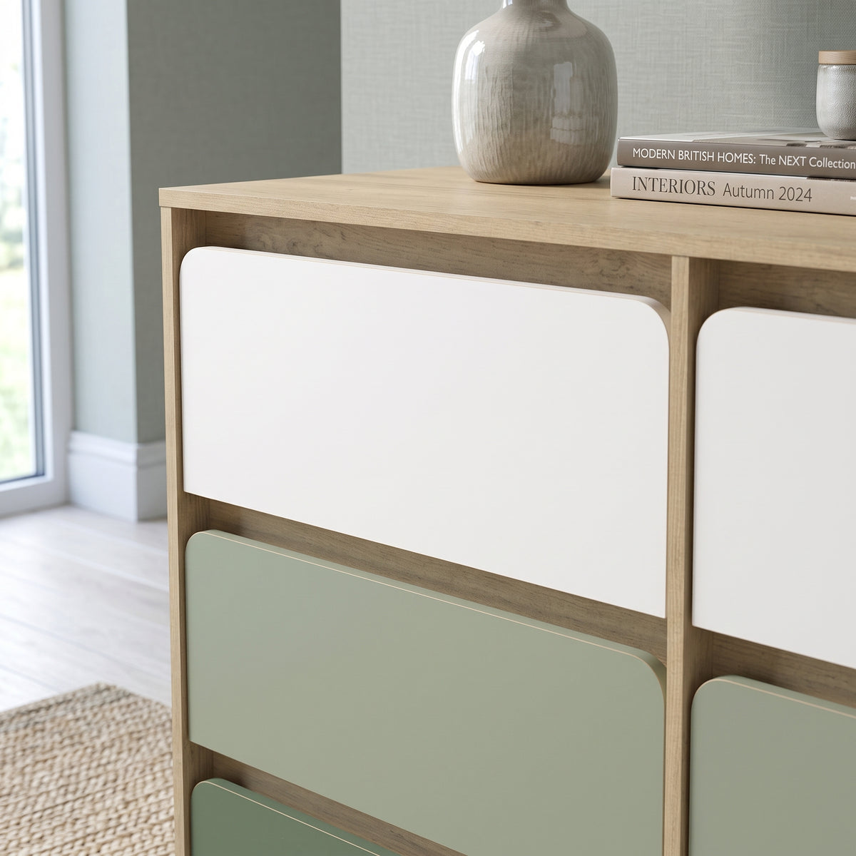 Galano 47" Wide Kids 6 Drawer Double Dresser with Interlocking Drawers and Rounded Color Block Fronts