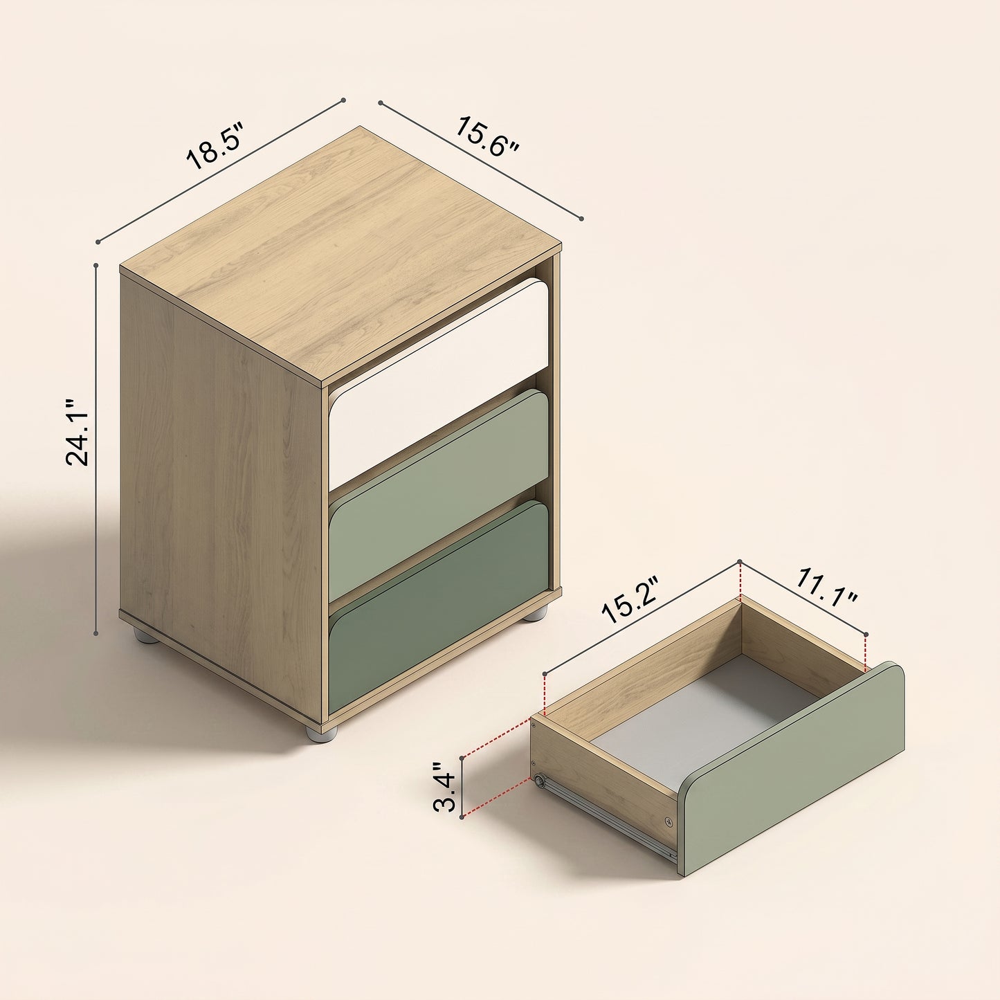 3-Drawer Nightstand with Rounded Fronts, 1-Piece, Oslo Oak
