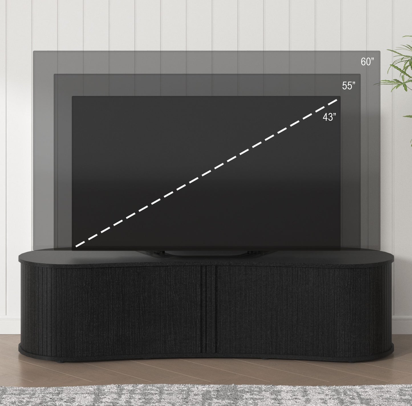Galano Curved TV Stand with Sliding Doors, 59.1" W x 17.7" D x 14.9" H