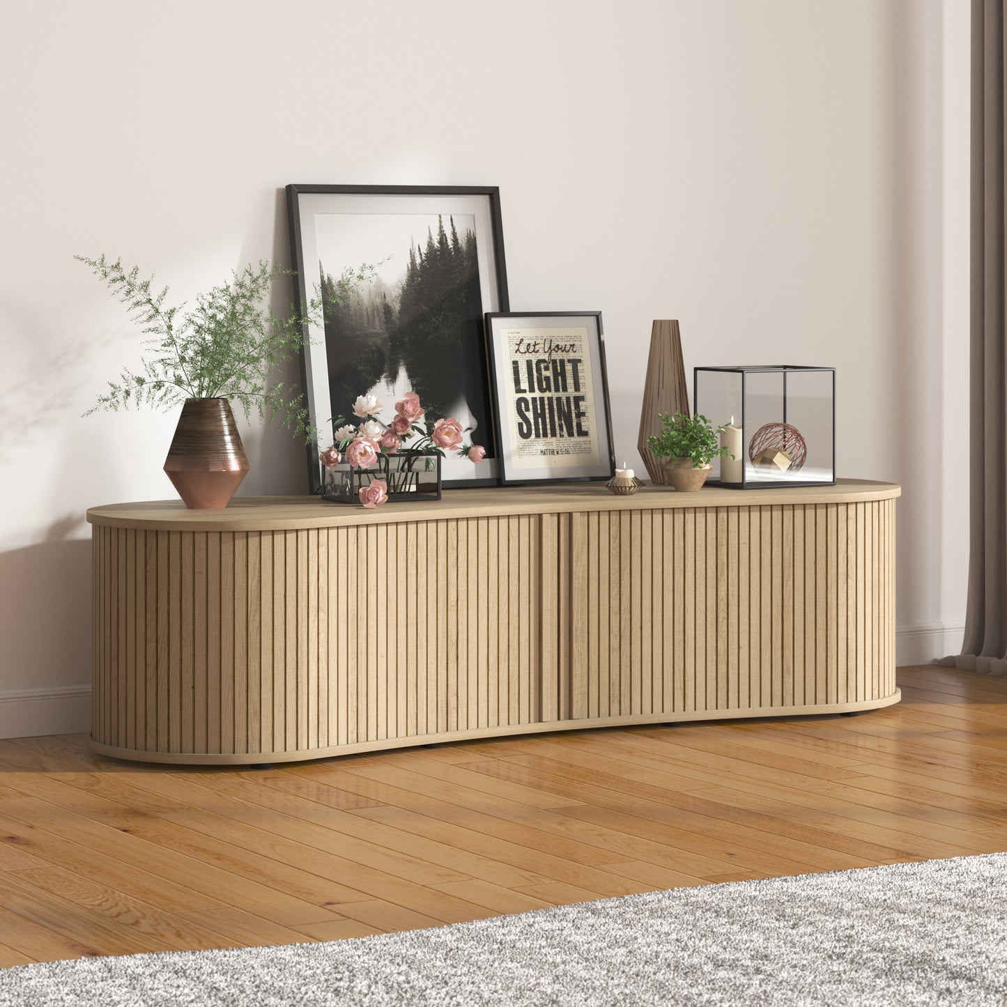 Galano Curved TV Stand with Sliding Doors, 59.1" W x 17.7" D x 14.9" H