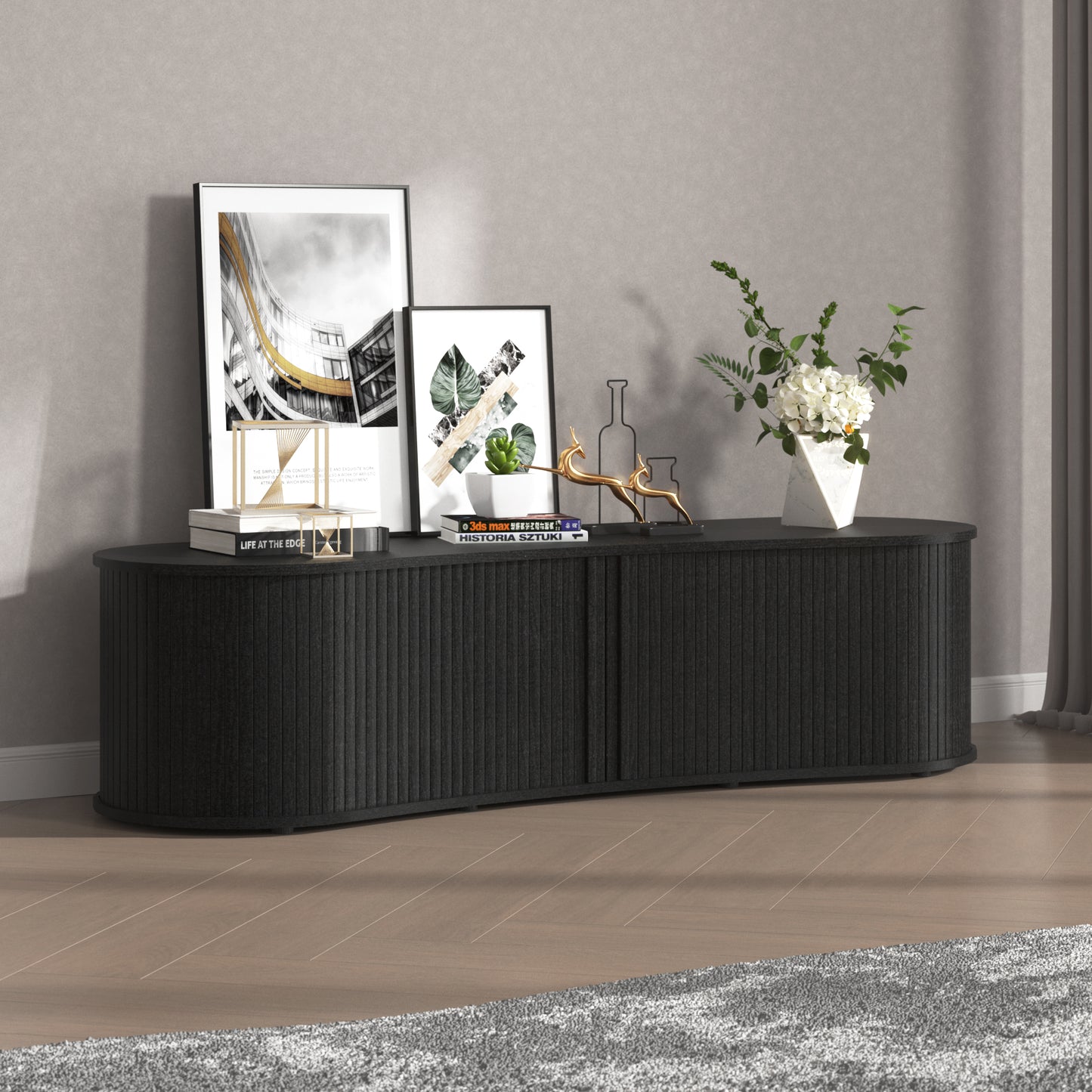 Galano Curved TV Stand with Sliding Doors, 59.1" W x 17.7" D x 14.9" H