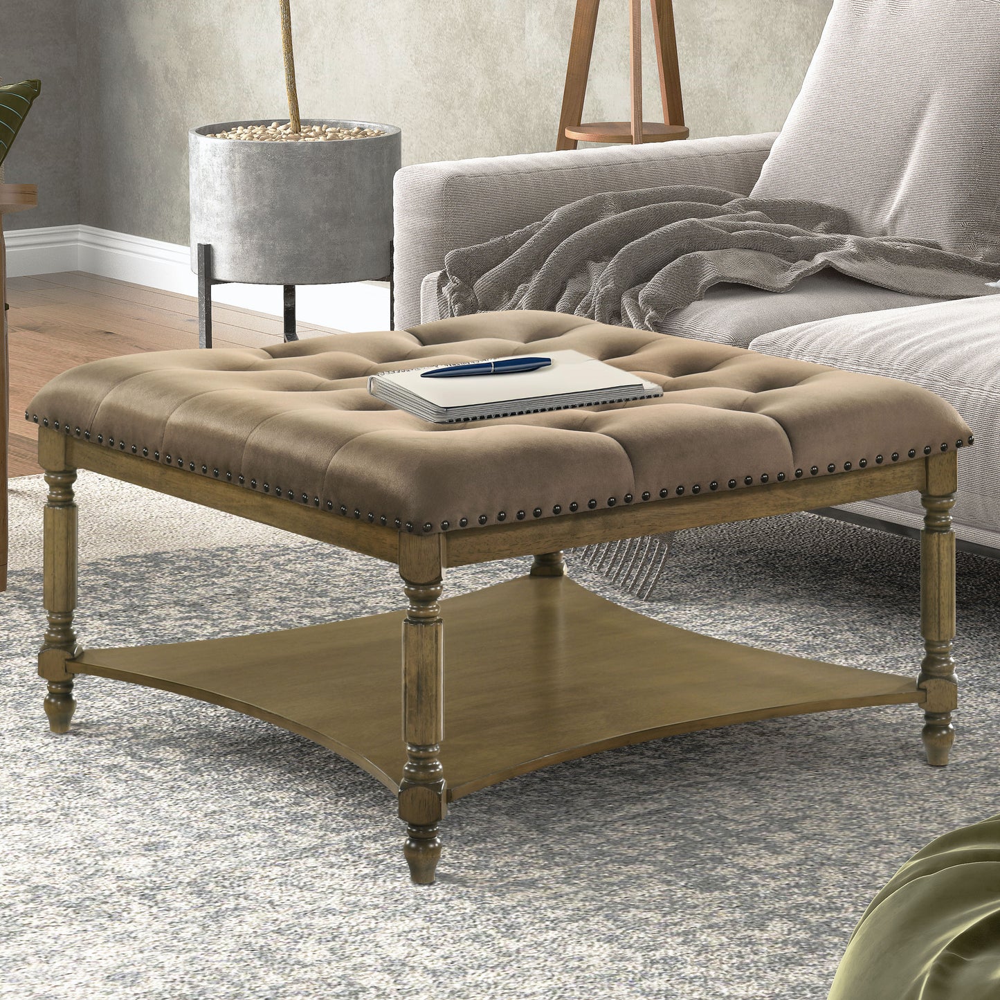 Galano Marcello Upholstered Coffee Table - Antique Oak/Velvet Brown