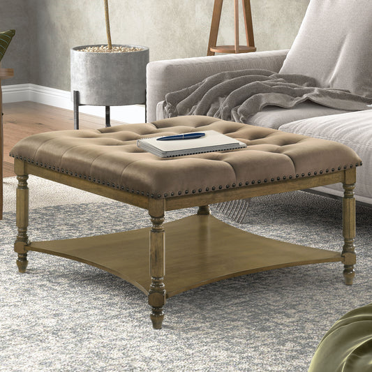 Galano Marcello Upholstered Coffee Table - Antique Oak/Velvet Brown