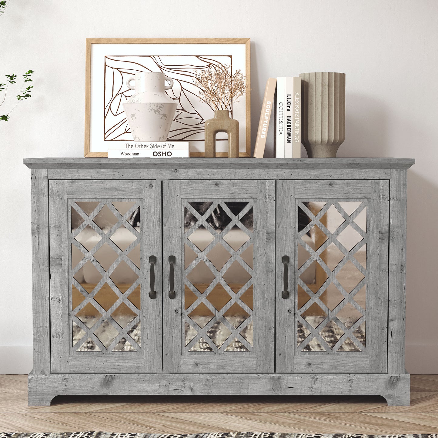 Galano 3-Door Sideboard with Mirrored Cut-Out Storage 45.7" W × 15.7" D × 29.3" H