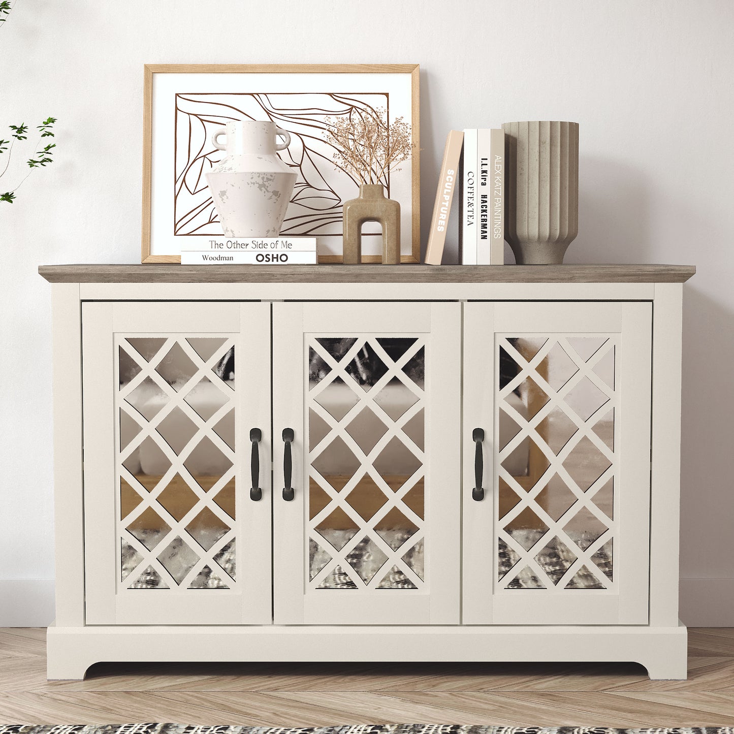 Galano 3-Door Sideboard with Mirrored Cut-Out Storage 45.7" W × 15.7" D × 29.3" H