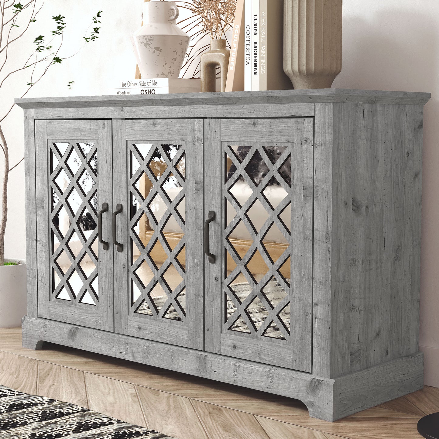 Galano 3-Door Sideboard with Mirrored Cut-Out Storage 45.7" W × 15.7" D × 29.3" H