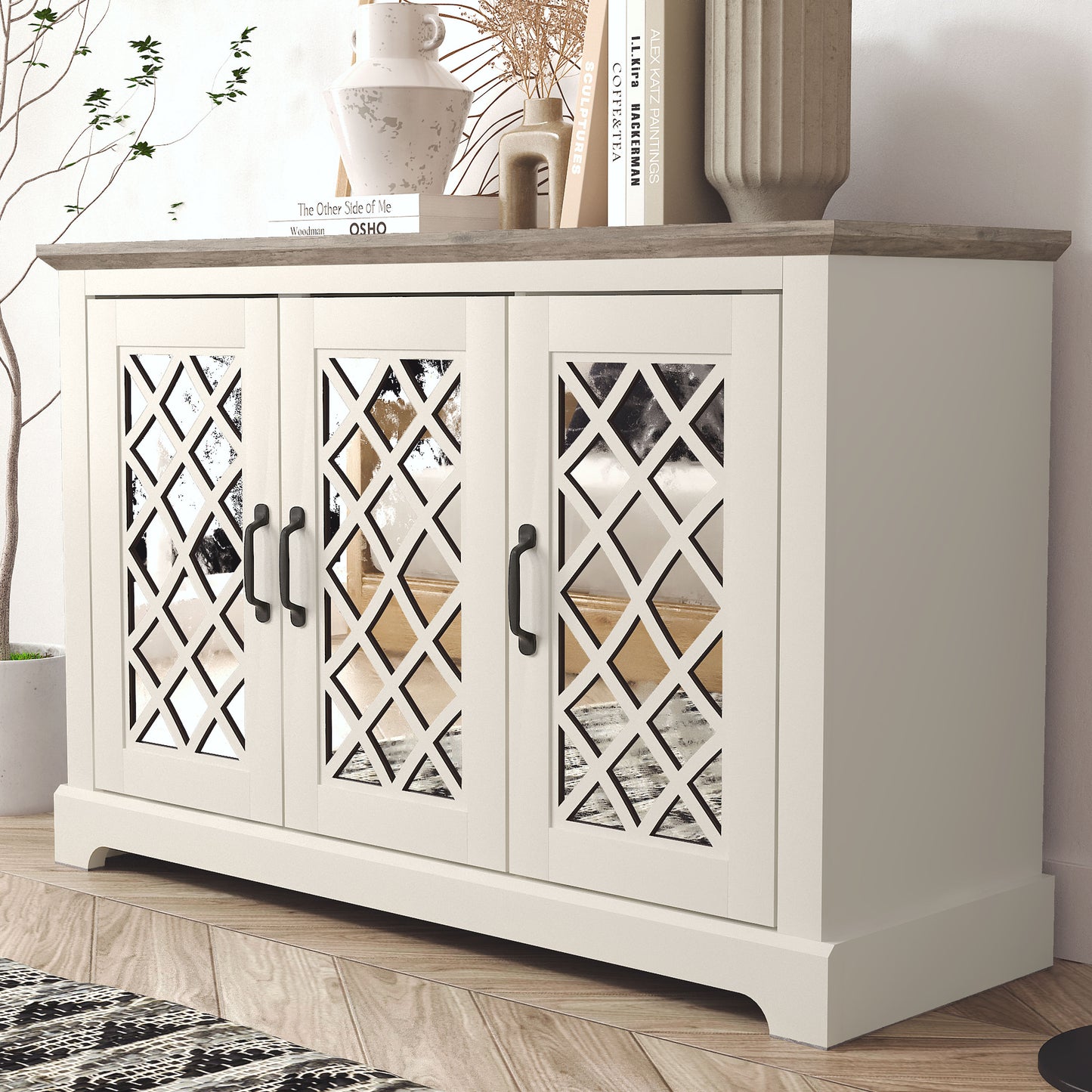 Galano 3-Door Sideboard with Mirrored Cut-Out Storage 45.7" W × 15.7" D × 29.3" H