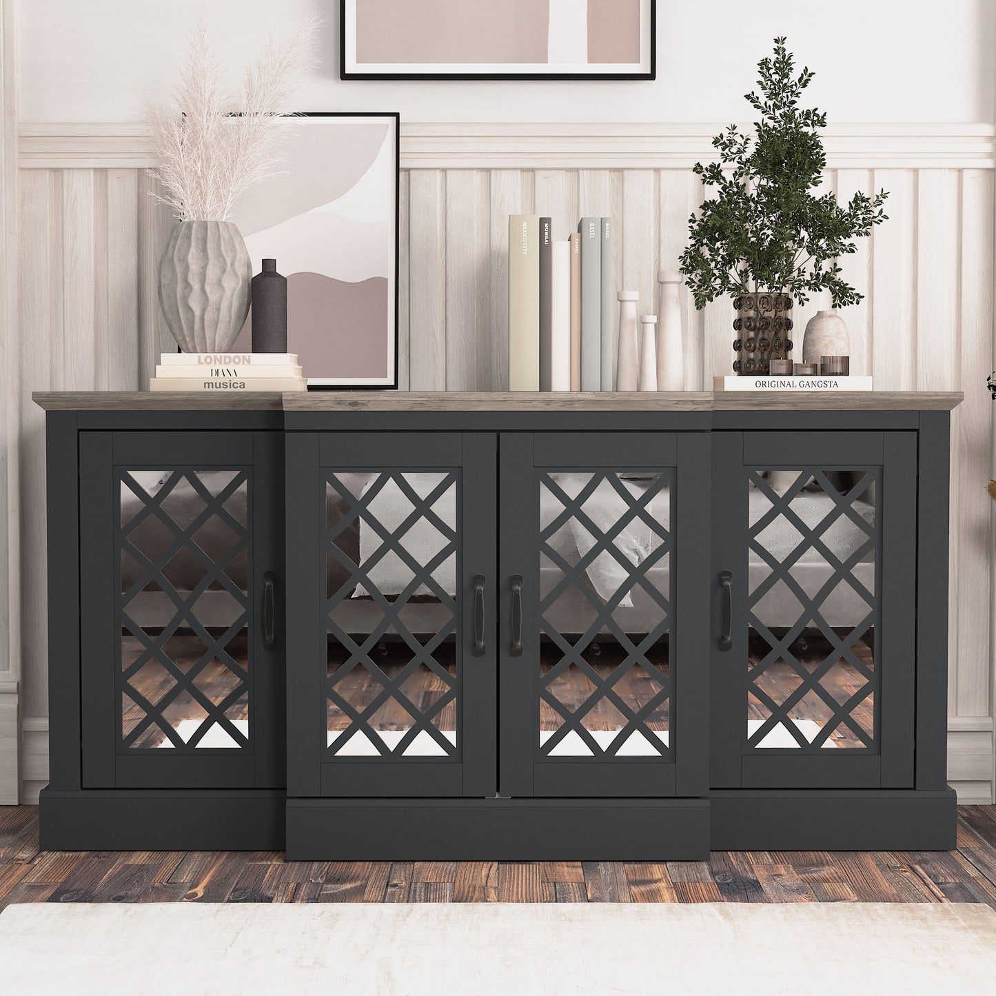 Galano 4-Door Accent Sideboard with Mirrored Cut-Out Doors 60.4" W × 18.2" D × 29.3" H