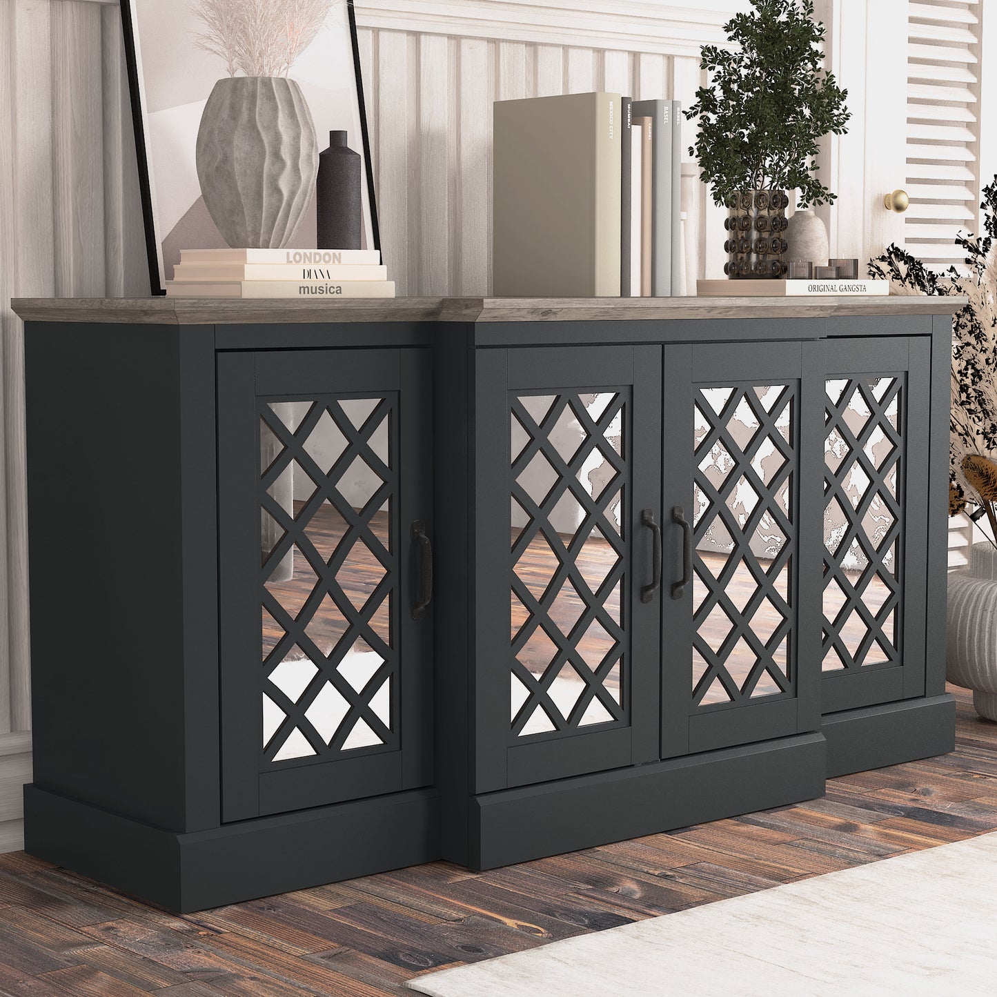 Galano 4-Door Accent Sideboard with Mirrored Cut-Out Doors 60.4" W × 18.2" D × 29.3" H