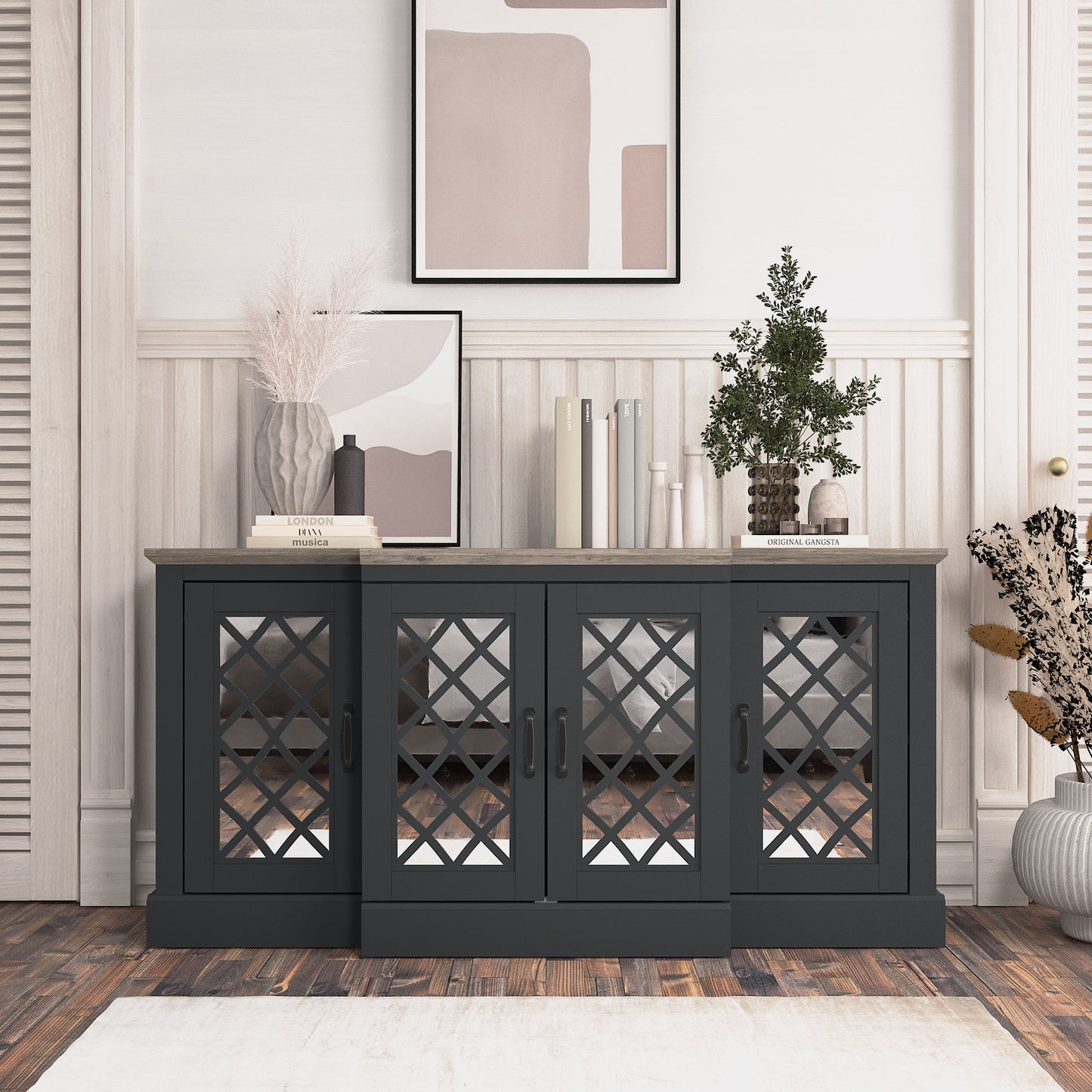 Galano 4-Door Accent Sideboard with Mirrored Cut-Out Doors 60.4" W × 18.2" D × 29.3" H
