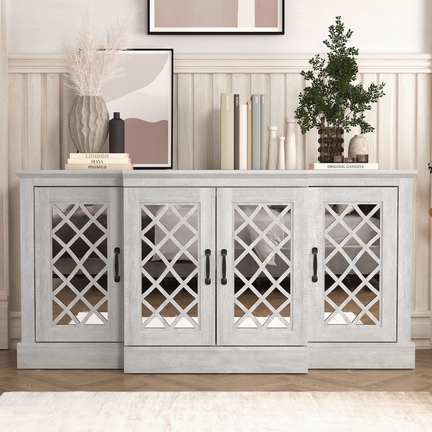 Galano 4-Door Accent Sideboard with Mirrored Cut-Out Doors 60.4" W × 18.2" D × 29.3" H
