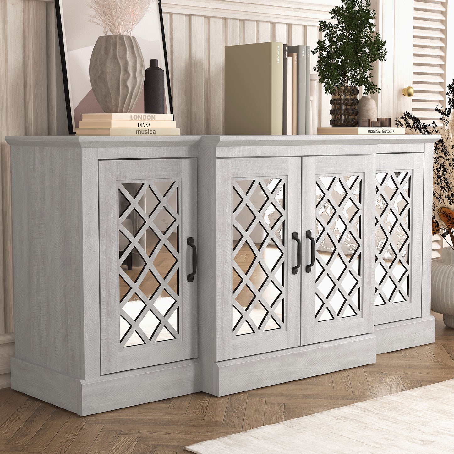Galano 4-Door Accent Sideboard with Mirrored Cut-Out Doors 60.4" W × 18.2" D × 29.3" H