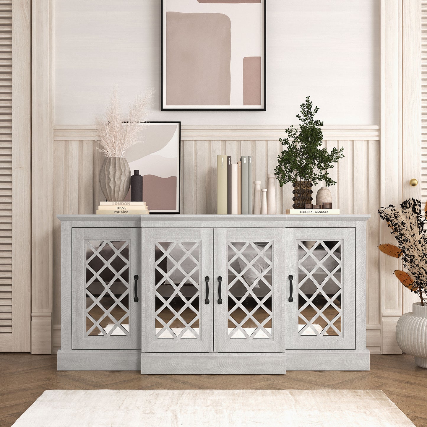 Galano 4-Door Accent Sideboard with Mirrored Cut-Out Doors 60.4" W × 18.2" D × 29.3" H