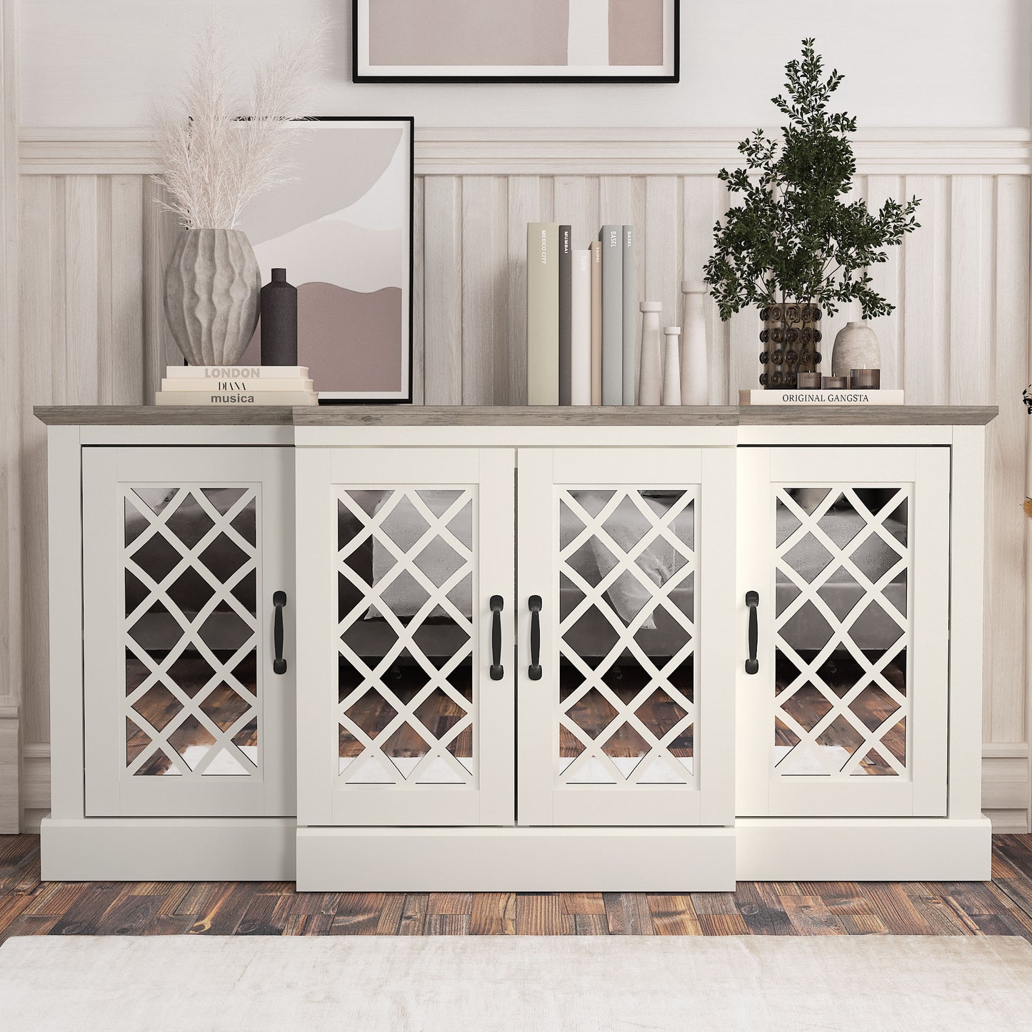 Galano 4-Door Accent Sideboard with Mirrored Cut-Out Doors 60.4" W × 18.2" D × 29.3" H